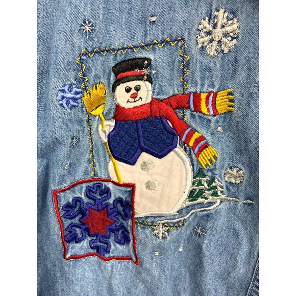 Bobbie Brooks Denim Shirt Blue Christmas Snowman Embroidered Button Up 18W/20W - Picture 2 of 5